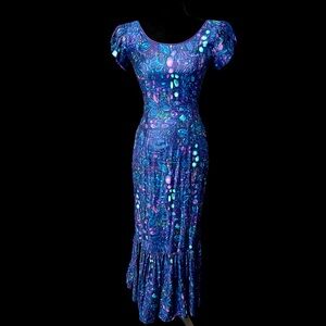 1960's Lauhala Hawaiian Mermaid Blue/Purple Cotton Blend Dress - Vintage Size 10